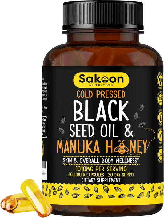 High Potency Cold Pressed Black Seed Oil Capsules with Manuka Honey - 60 Vegan Capsules - Made in USA - 2%+ Thymoquinone