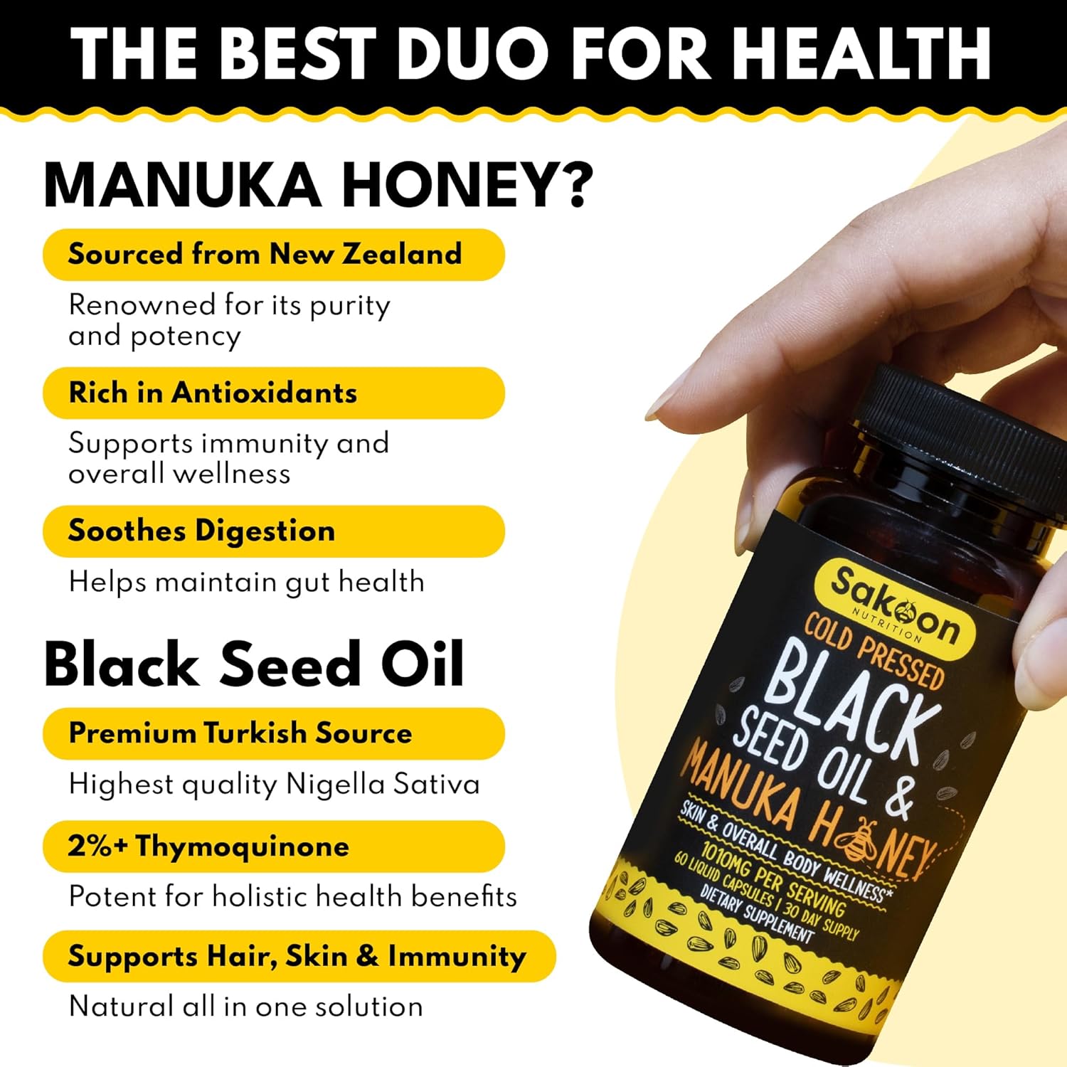 High Potency Cold Pressed Black Seed Oil Capsules with Manuka Honey - 60 Vegan Capsules - Made in USA - 2%+ Thymoquinone