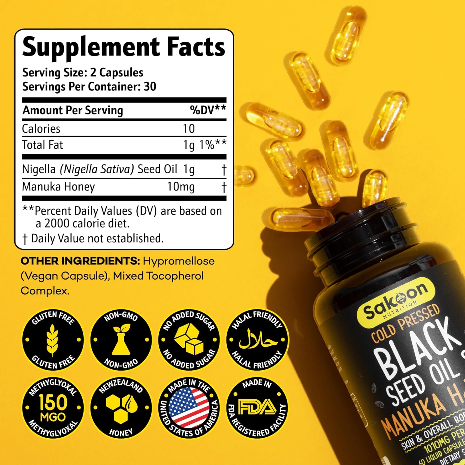 High Potency Cold Pressed Black Seed Oil Capsules with Manuka Honey - 60 Vegan Capsules - Made in USA - 2%+ Thymoquinone