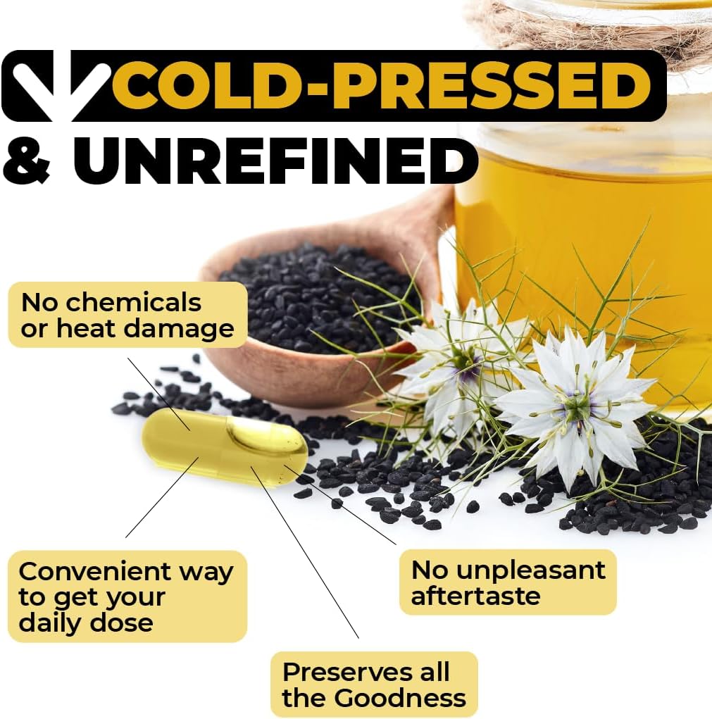 High Potency Cold Pressed Black Seed Oil Capsules - 1500mg for Immune Support, Antioxidants, Hair Skin Nails - Vegan & Non-GMO - 90 Capsules