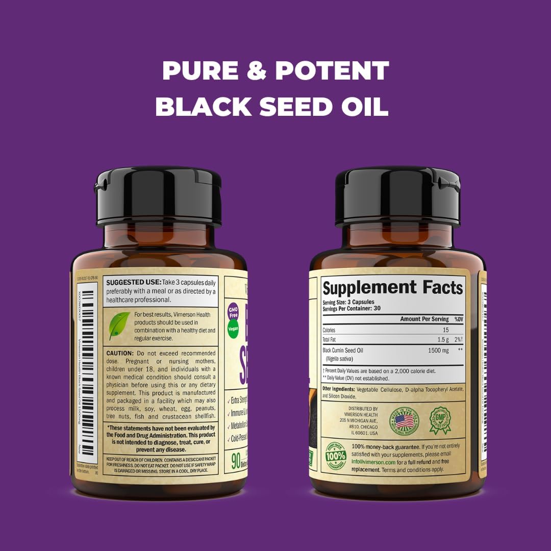 High Potency Cold Pressed Black Seed Oil Capsules - 1500mg for Immune Support, Antioxidants, Hair Skin Nails - Vegan & Non-GMO - 90 Capsules