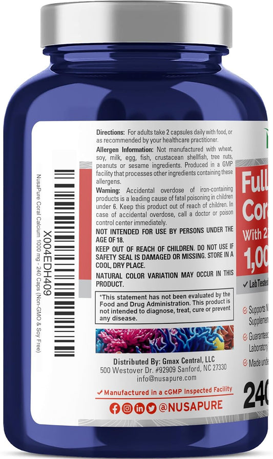High Potency Coral Calcium Capsules - 1000 mg, 240 Count (Non-GMO & Soy Free) by NusaPure