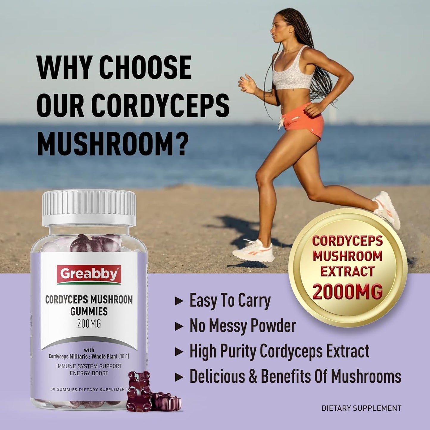 High Potency Cordyceps Mushroom Gummies 2000mg - Herbal Energy Support with ATP Circulation - 120 Count