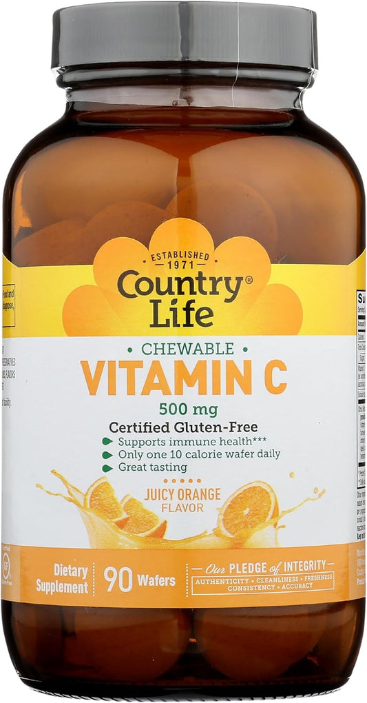 High Potency Country Life Vitamin C Orange Chewable Tablets - Gluten-Free 500g Supplement for Immune Support - Vegan, Non-GMO, Organic - 45 Day Supply