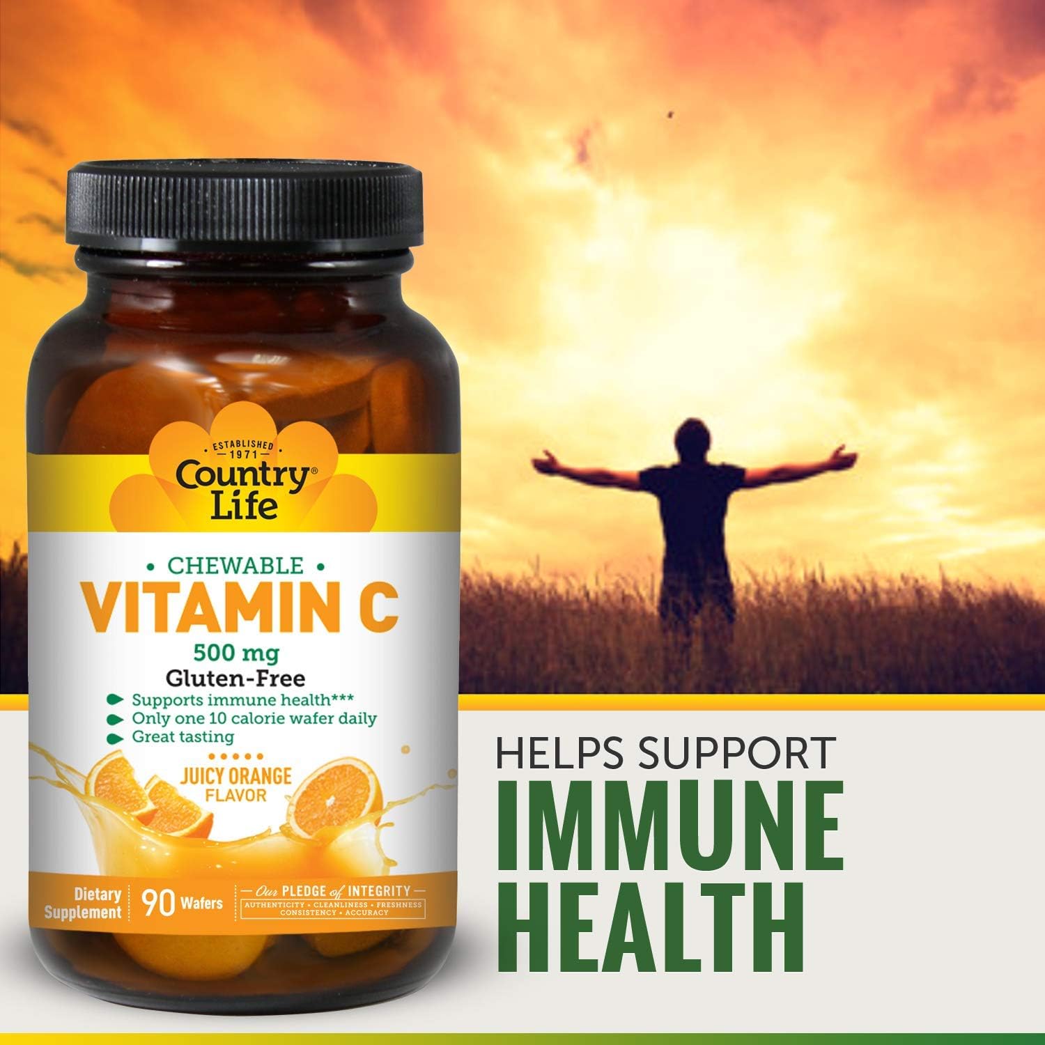 High Potency Country Life Vitamin C Orange Chewable Tablets - Gluten-Free 500g Supplement for Immune Support - Vegan, Non-GMO, Organic - 45 Day Supply