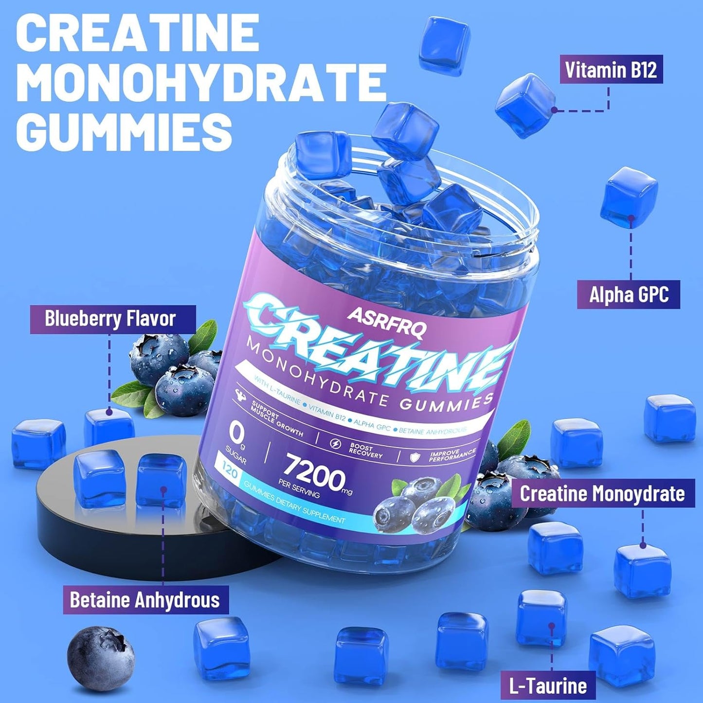 High Potency Creatine Monohydrate Gummies 120 CT - 7200mg per Serving, Chewable Muscle Support & Energy Boost, Sugar Free, Vegan Blueberry Flavor