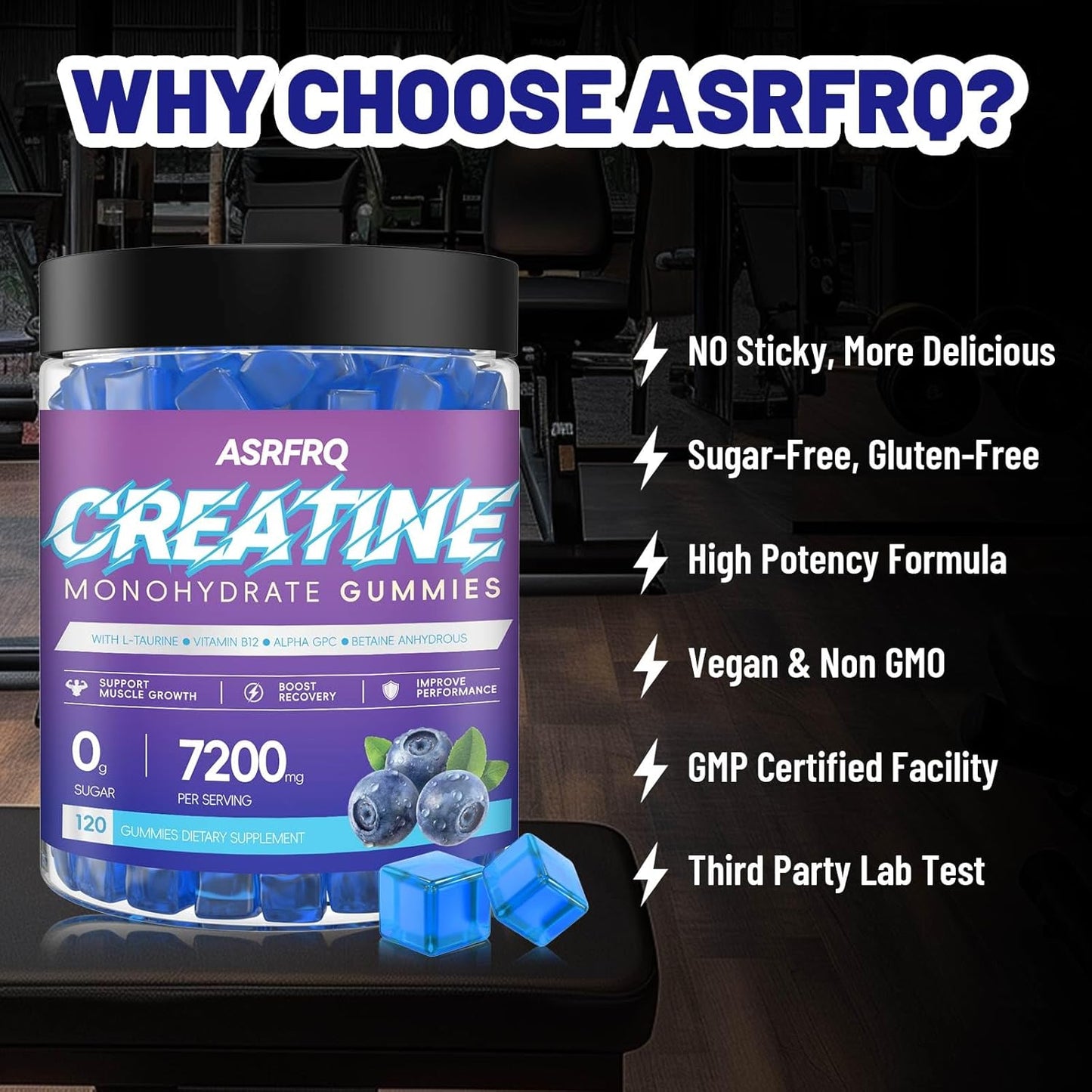 High Potency Creatine Monohydrate Gummies 120 CT - 7200mg per Serving, Chewable Muscle Support & Energy Boost, Sugar Free, Vegan Blueberry Flavor