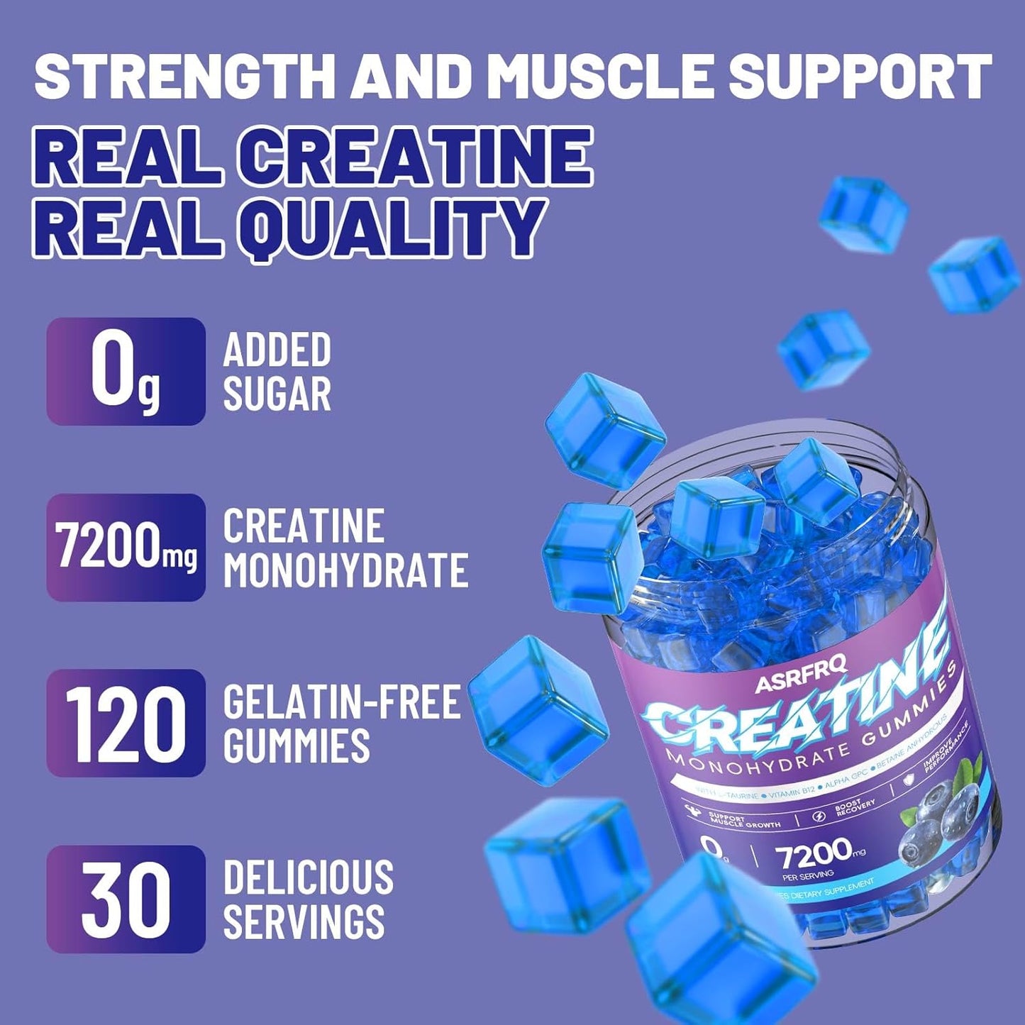 High Potency Creatine Monohydrate Gummies 120 CT - 7200mg per Serving, Chewable Muscle Support & Energy Boost, Sugar Free, Vegan Blueberry Flavor