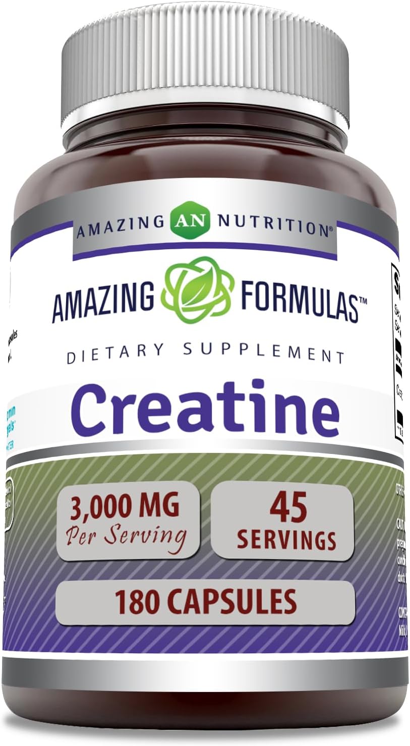 High Potency Creatine Monohydrate Supplement - 3000mg per Serving - 180 Capsules - Non-GMO - Gluten-Free - Made in USA