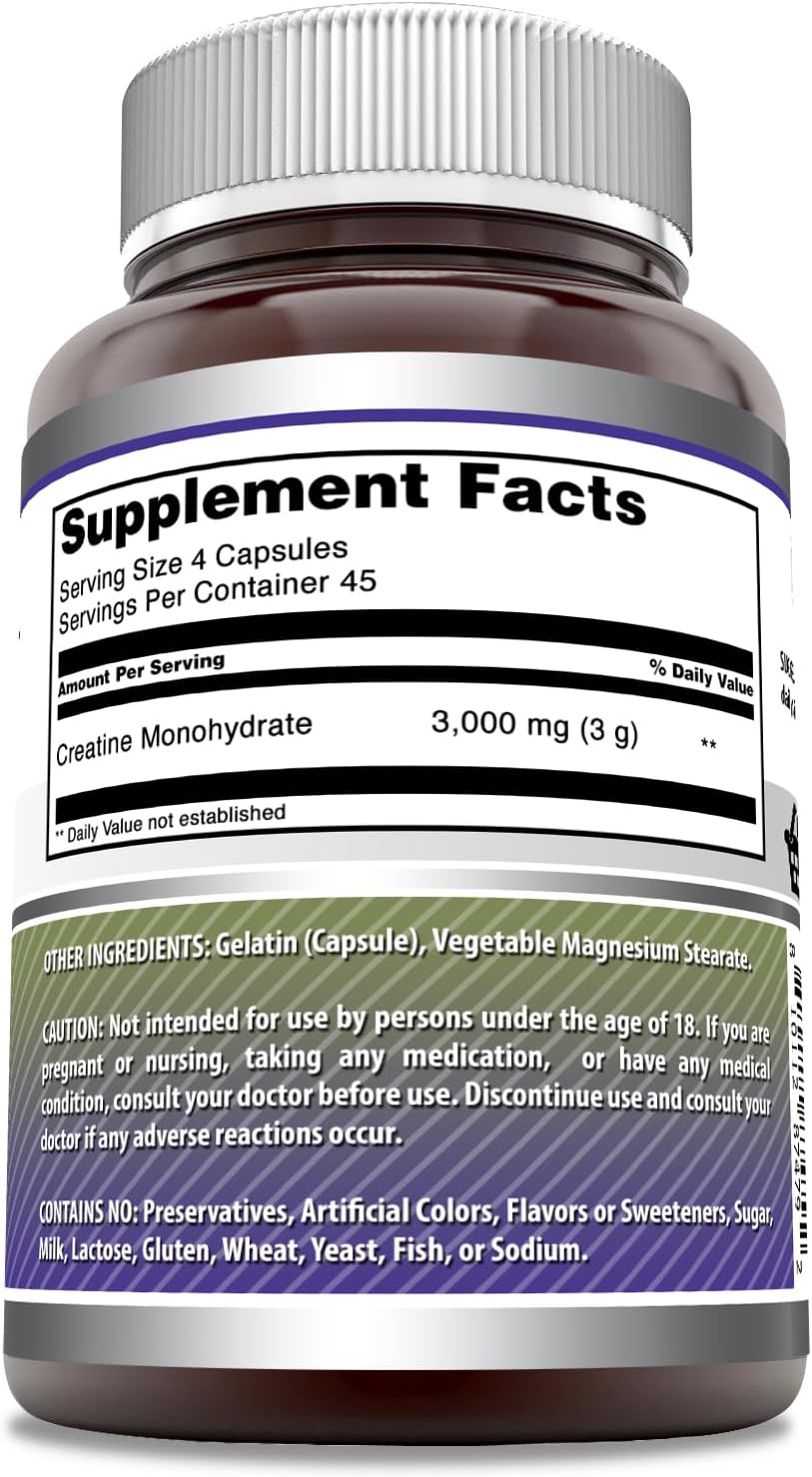 High Potency Creatine Monohydrate Supplement - 3000mg per Serving - 180 Capsules - Non-GMO - Gluten-Free - Made in USA