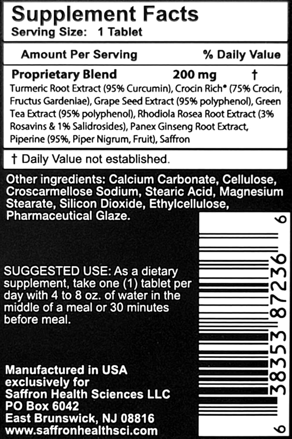 High-Potency Crocin Nootropic Brain Supplement for Memory, Focus, and Mood - 30 Tablets by Saffron Health Sciences