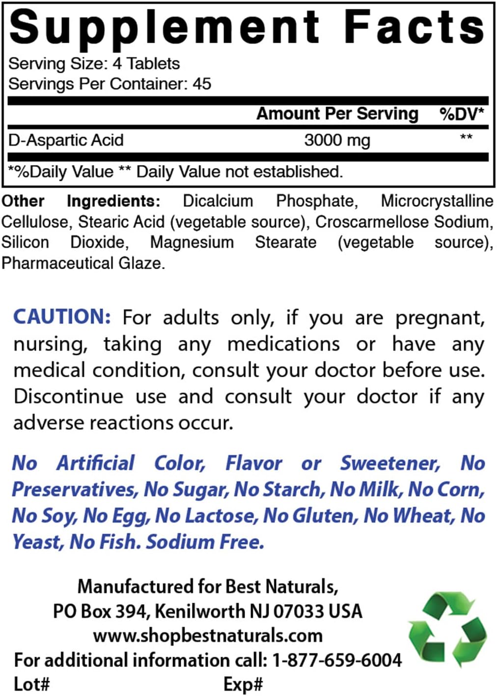 High Potency D-Aspartic Acid (DAA) Supplement - 3000mg/Serving - Non-GMO & Gluten Free - 180 Tablets