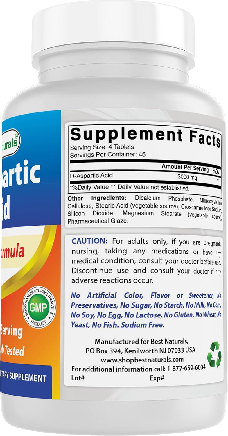 High Potency D-Aspartic Acid (DAA) Supplement - 3000mg/Serving - Non-GMO & Gluten Free - 180 Tablets