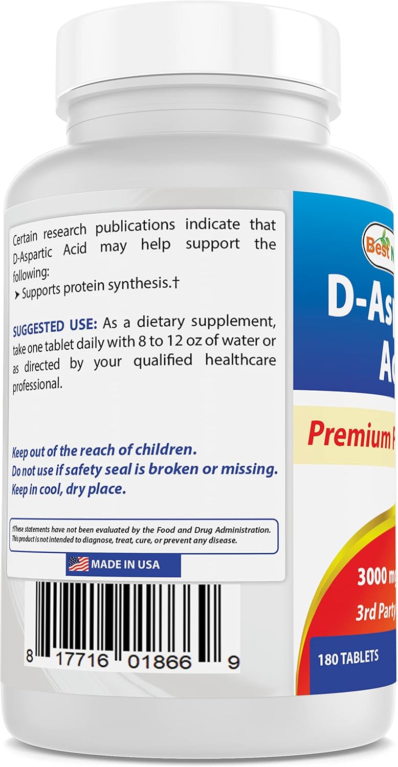 High Potency D-Aspartic Acid (DAA) Supplement - 3000mg/Serving - Non-GMO & Gluten Free - 180 Tablets