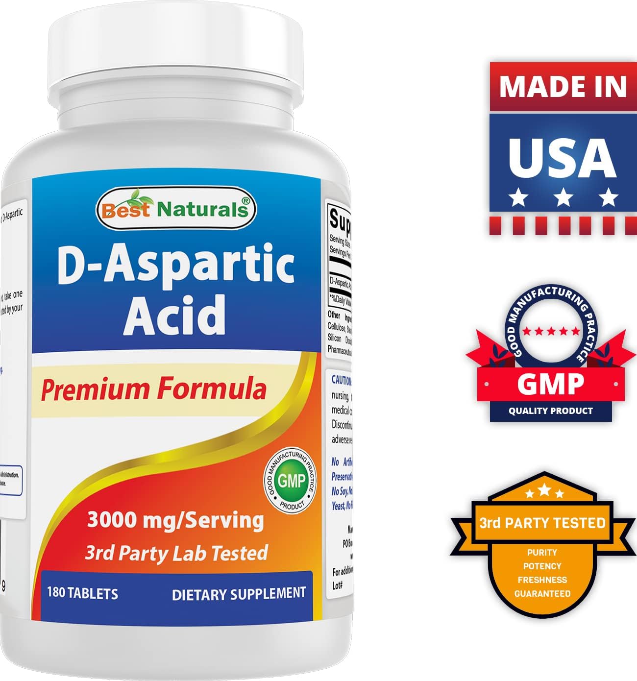 High Potency D-Aspartic Acid (DAA) Supplement - 3000mg/Serving - Non-GMO & Gluten Free - 180 Tablets
