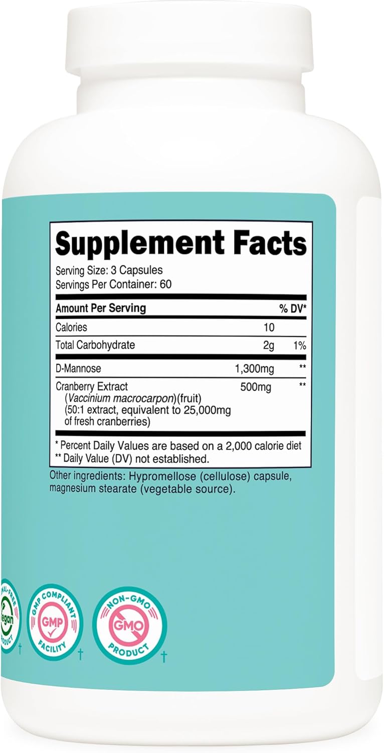 High Potency D-Mannose and Cranberry Extract Blend for Women - 180 Capsules, 1300mg by Nutricost