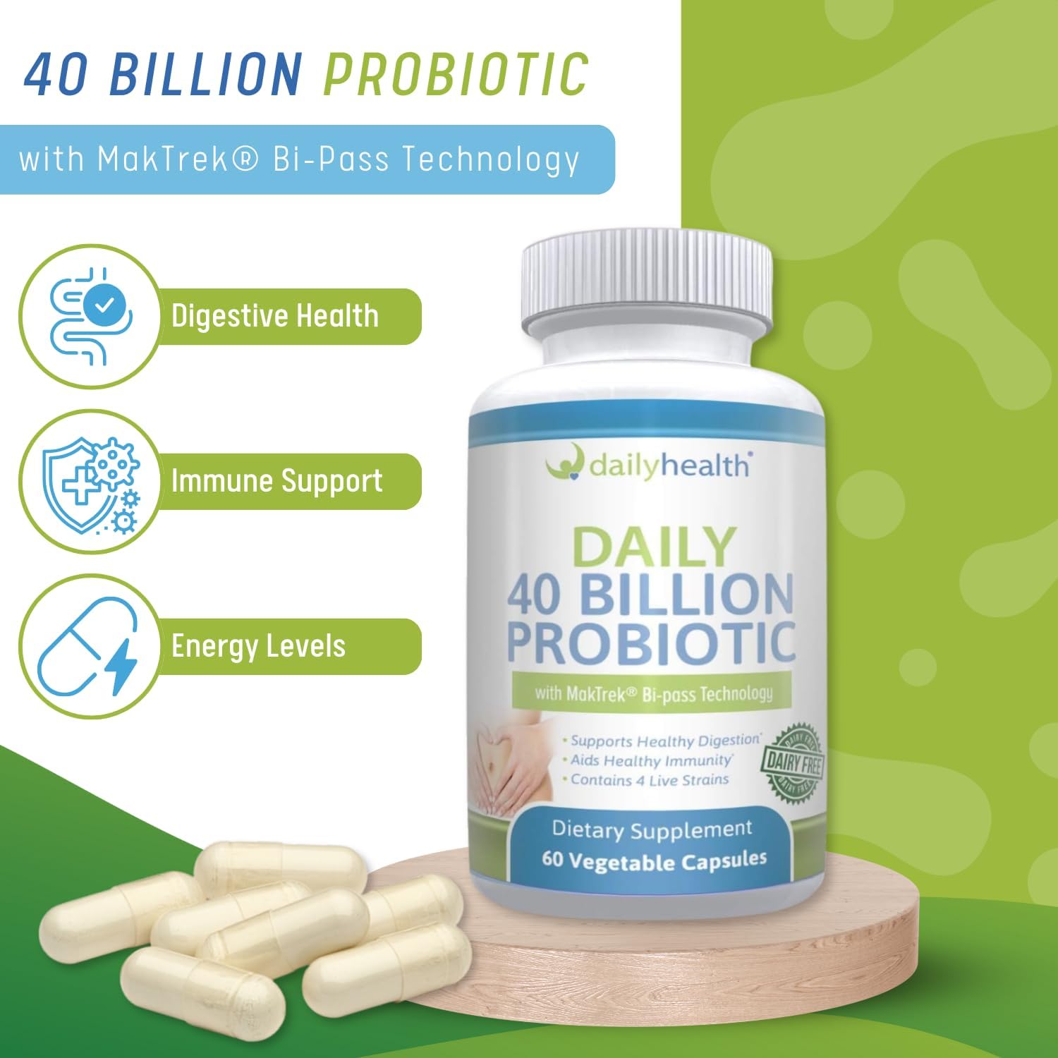 High-Potency Daily Probiotic with 40 Billion CFU for Digestion & Immune Support - 60 Veggie Capsules