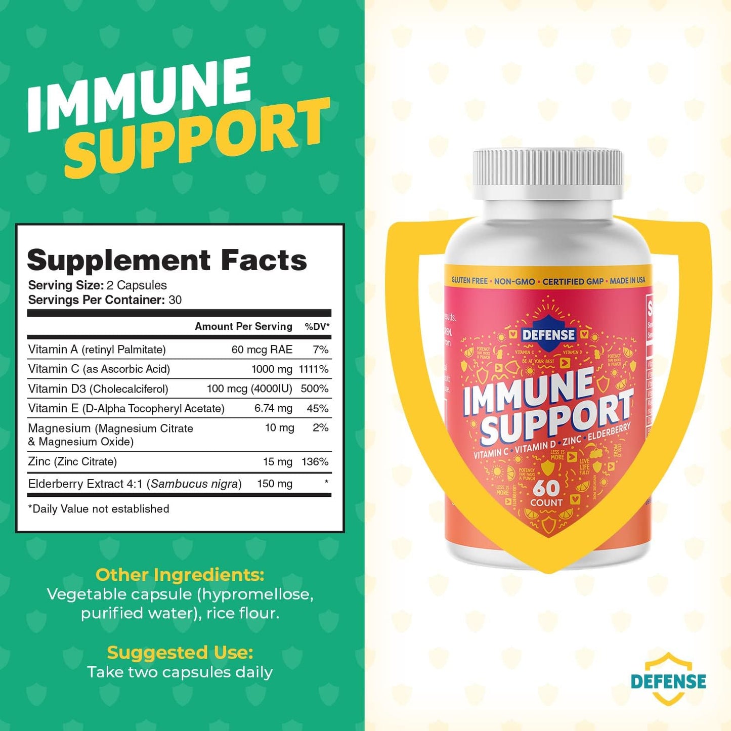 High Potency Defense Immune Support Supplement for Adults | Boost Immune System with Vitamin C, Zinc, Elderberry, and D3 | 30 Day Supply | Antioxidant | Non GMO, Gluten-Free