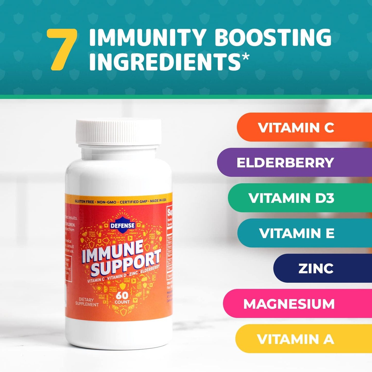 High Potency Defense Immune Support Supplement for Adults | Boost Immune System with Vitamin C, Zinc, Elderberry, and D3 | 30 Day Supply | Antioxidant | Non GMO, Gluten-Free