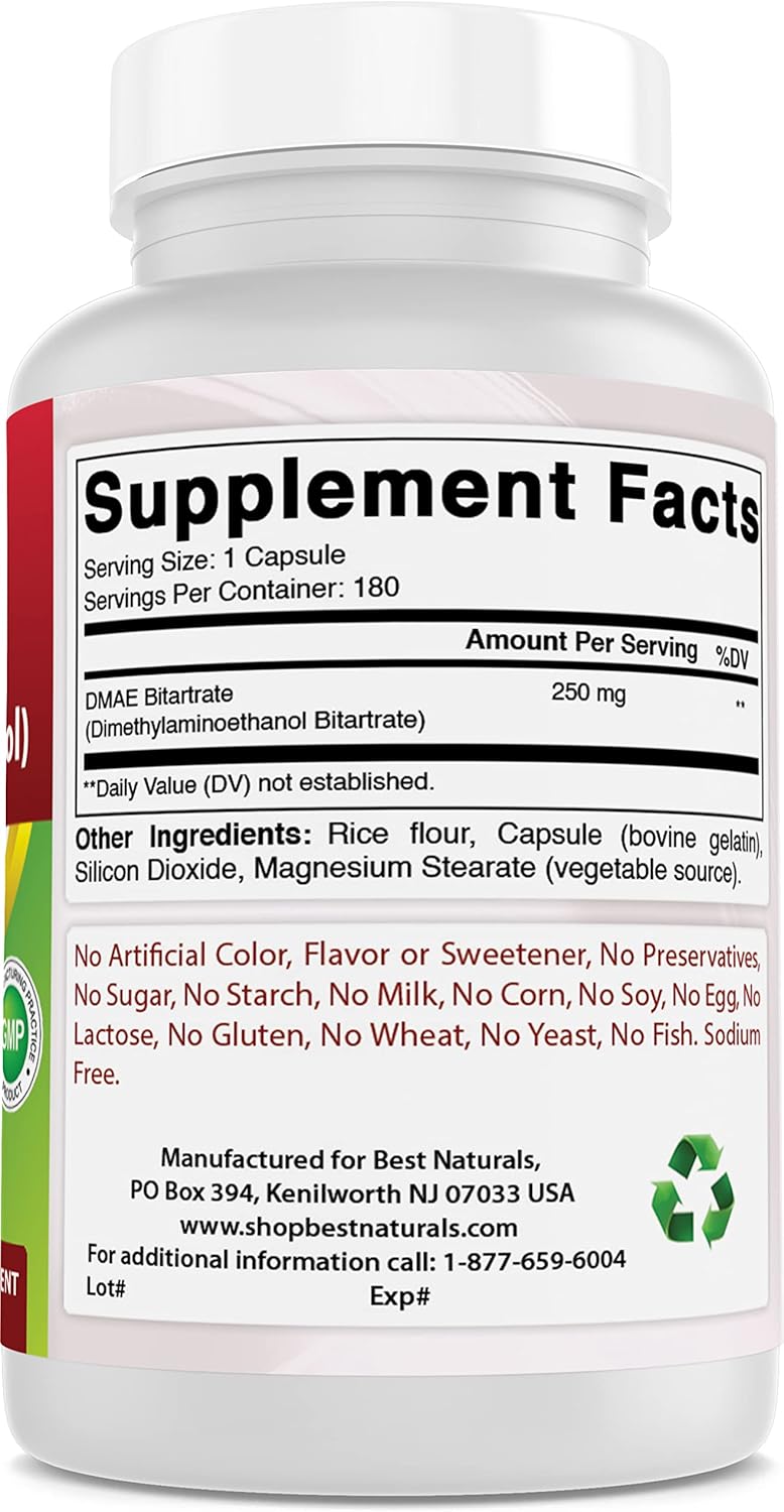 High Potency DMAE Supplement - 250mg, 180 Capsules - Natural Dimethylaminoethanol Bitartrate Formula