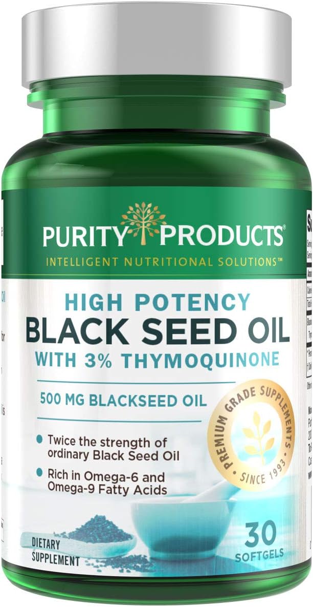 High Potency Double Strength Cold Pressed Black Seed Oil Softgels with 3% Thymoquinone - 500mg - Omega 6 + 9 Fatty Acids - 30 Count