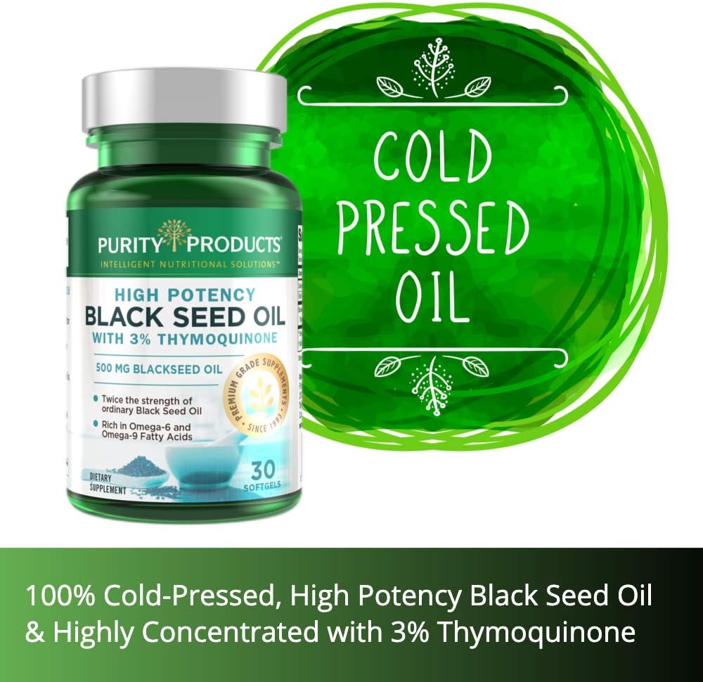 High Potency Double Strength Cold Pressed Black Seed Oil Softgels with 3% Thymoquinone - 500mg - Omega 6 + 9 Fatty Acids - 30 Count