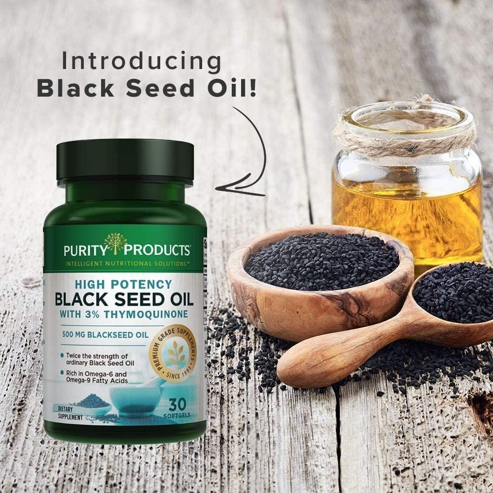 High Potency Double Strength Cold Pressed Black Seed Oil Softgels with 3% Thymoquinone - 500mg - Omega 6 + 9 Fatty Acids - 30 Count