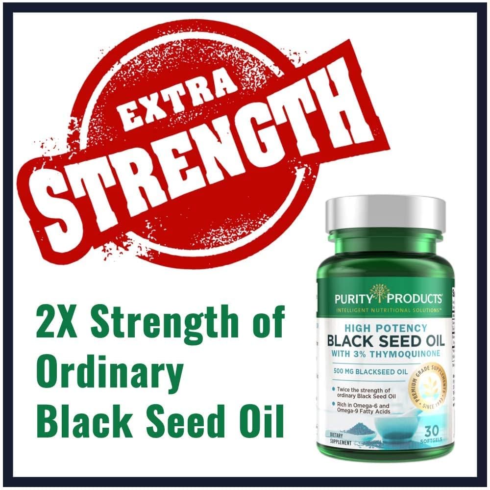 High Potency Double Strength Cold Pressed Black Seed Oil Softgels with 3% Thymoquinone - 500mg - Omega 6 + 9 Fatty Acids - 30 Count