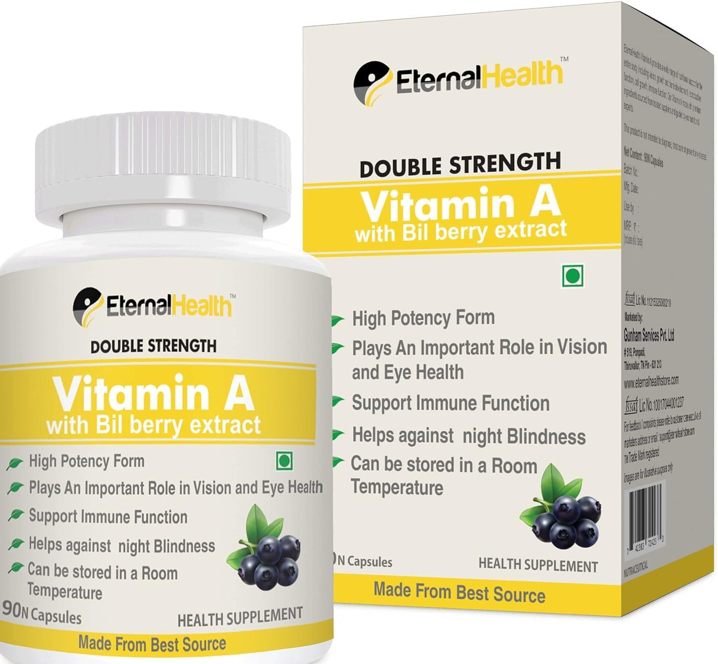 High Potency Double Strength Vitamin A Capsules with Bilberry & Retinyl Palmitate Extracts for Vision & Immune Support - 90 Veg Caps