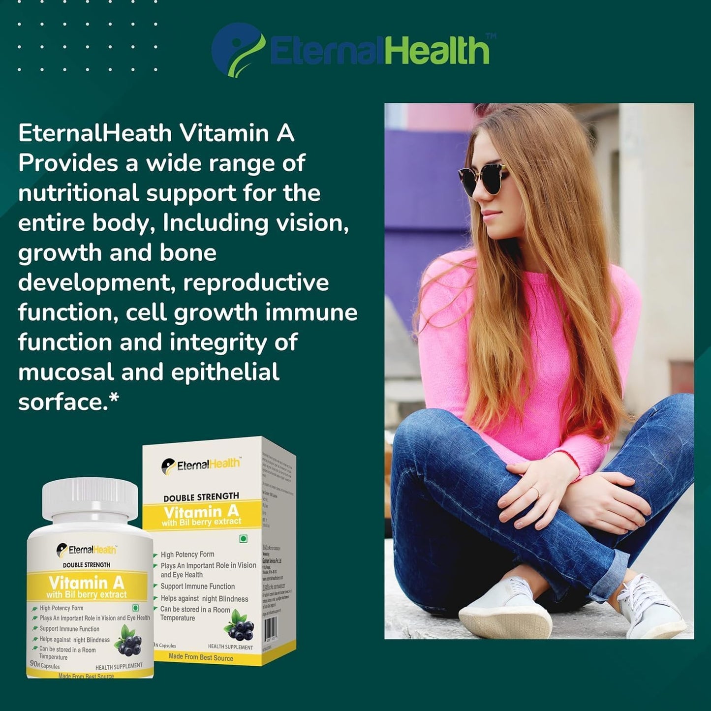 High Potency Double Strength Vitamin A Capsules with Bilberry & Retinyl Palmitate Extracts for Vision & Immune Support - 90 Veg Caps