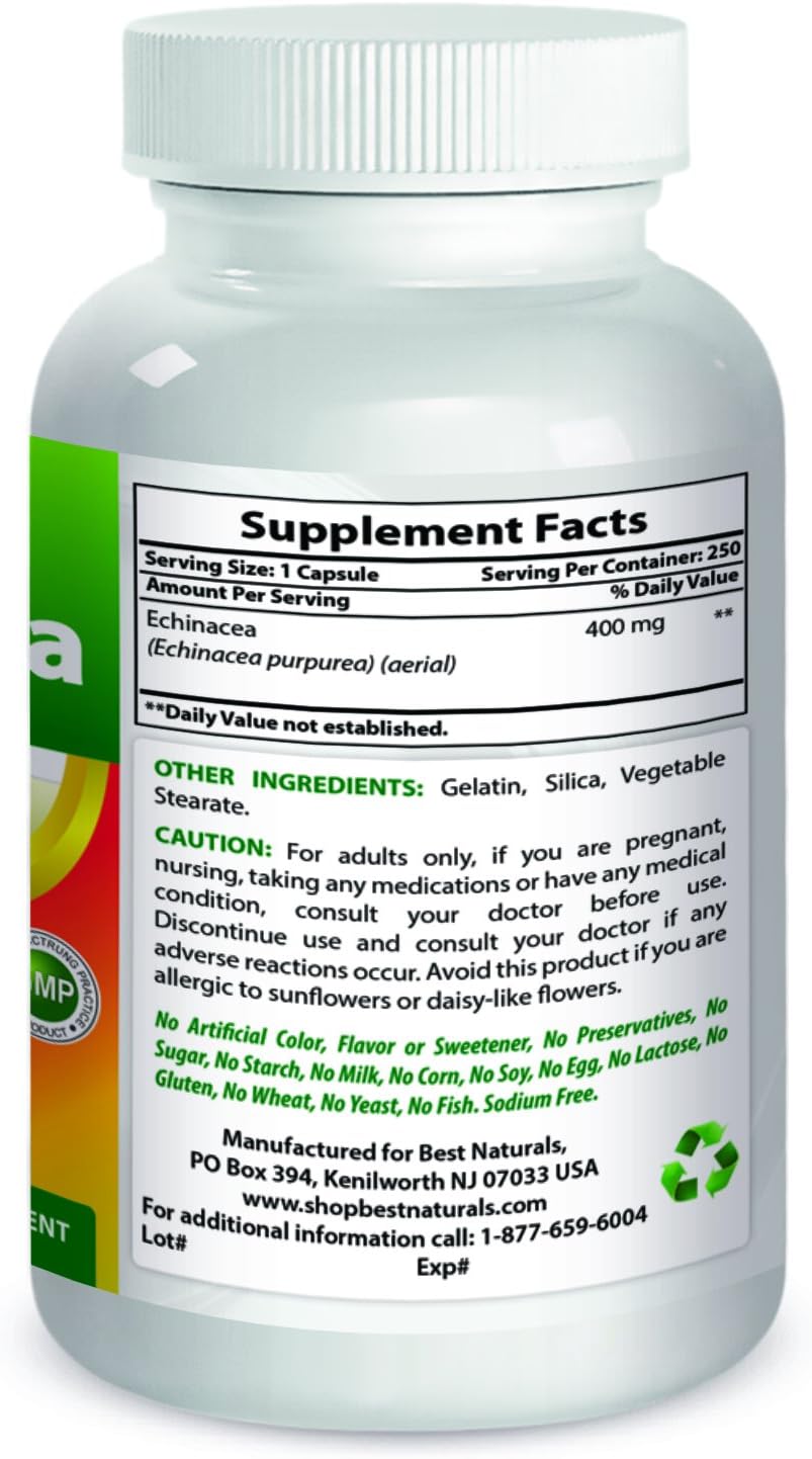 High Potency Echinacea Supplement - 400 mg Capsules - 250 Count