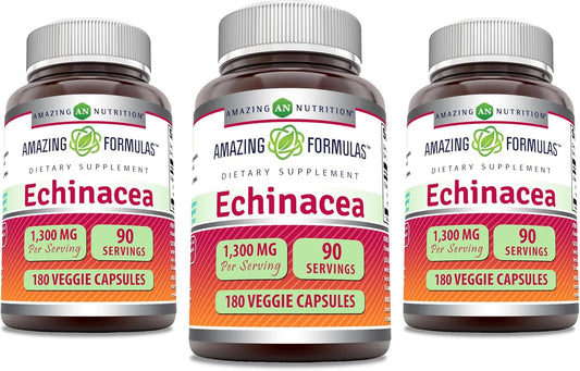 High Potency Echinacea Veggie Capsules | 1300mg | Non-GMO & Gluten Free | Made in USA | 3 Pack - 180 Count