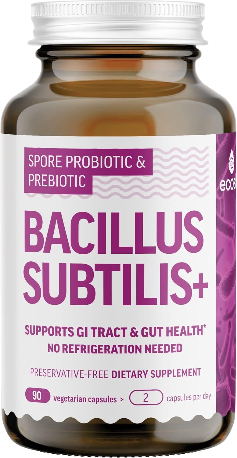 High Potency Ecosh Bacillus Subtilis Spore Probiotic with Prebiotic for Gut Health - 6 Billion CFU - 90 Vegetarian Capsules