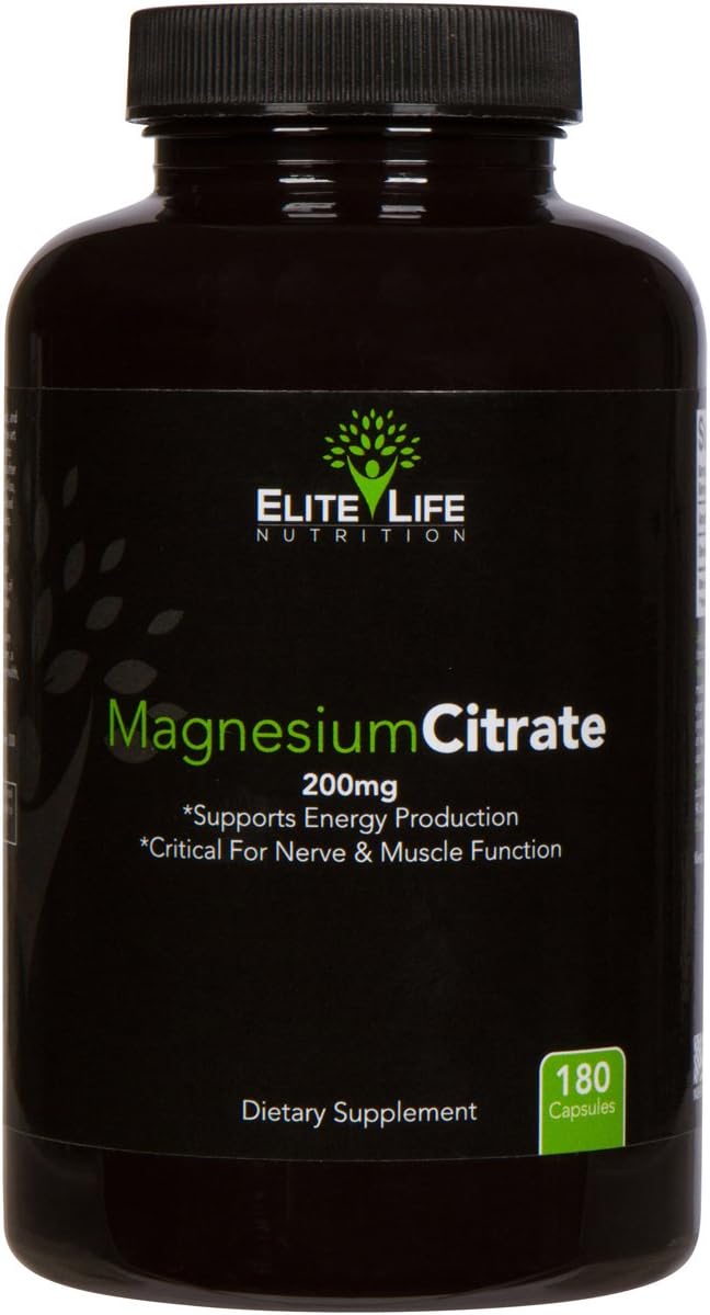 High-Potency Elite Life Nutrition Magnesium Citrate 200mg - Natural Stress Relief, Sleep Aid, and Brain Support - 180 Capsules