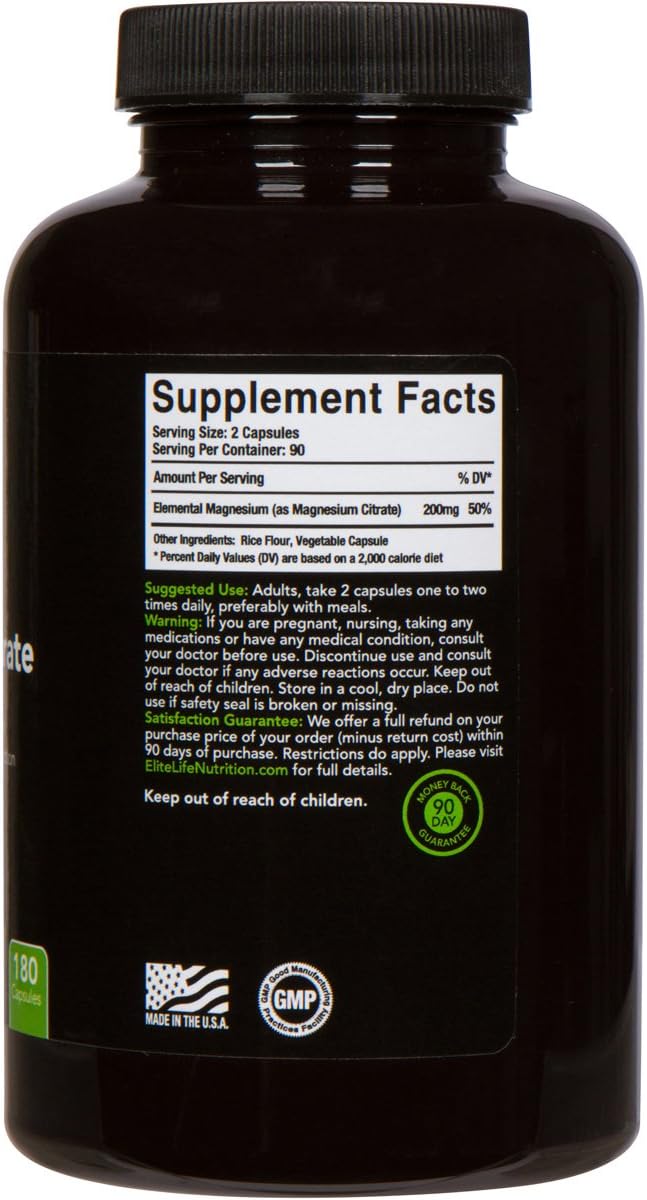 High-Potency Elite Life Nutrition Magnesium Citrate 200mg - Natural Stress Relief, Sleep Aid, and Brain Support - 180 Capsules