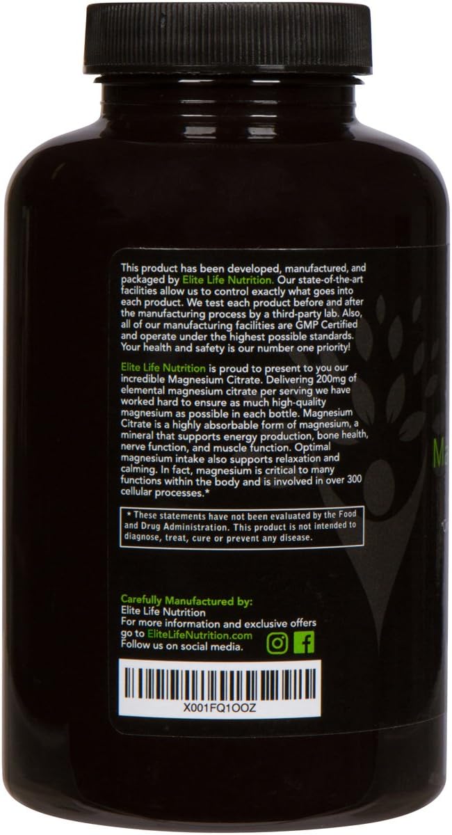 High-Potency Elite Life Nutrition Magnesium Citrate 200mg - Natural Stress Relief, Sleep Aid, and Brain Support - 180 Capsules