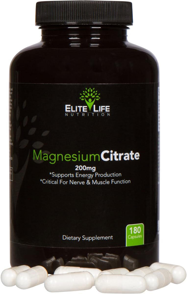 High-Potency Elite Life Nutrition Magnesium Citrate 200mg - Natural Stress Relief, Sleep Aid, and Brain Support - 180 Capsules