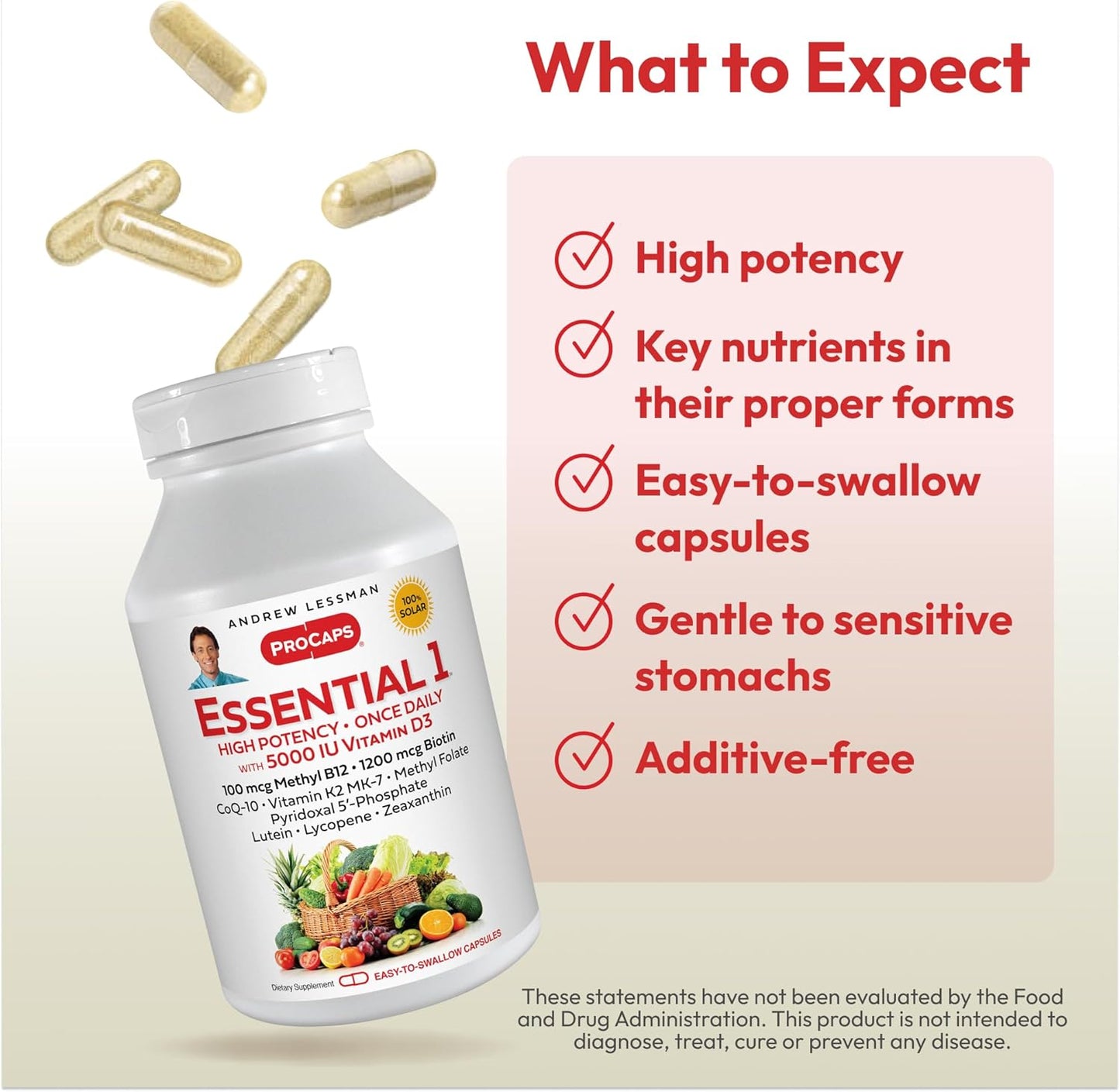 High Potency Essential-1 Multivitamin with 5000 IU Vitamin D3, 60 Small Capsules - Includes 100 mcg Methyl B12, CoQ10, Lutein, Lycopene, Zeaxanthin. No Additives, Ultra-Mild Formula. One Daily Capsule.