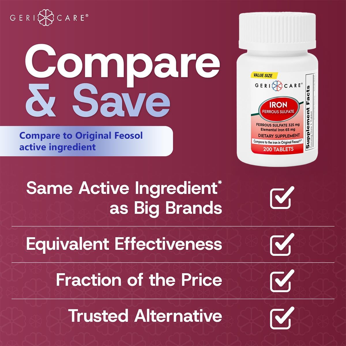 High Potency Ferrous Sulfate Tablets 325mg with 65mg Elemental Iron | Iron Supplement 200 Count Bottle