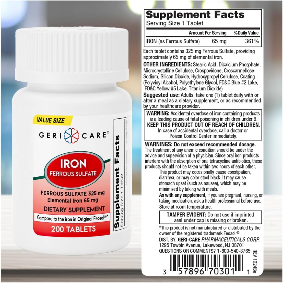 High Potency Ferrous Sulfate Tablets 325mg with 65mg Elemental Iron | Iron Supplement 200 Count Bottle