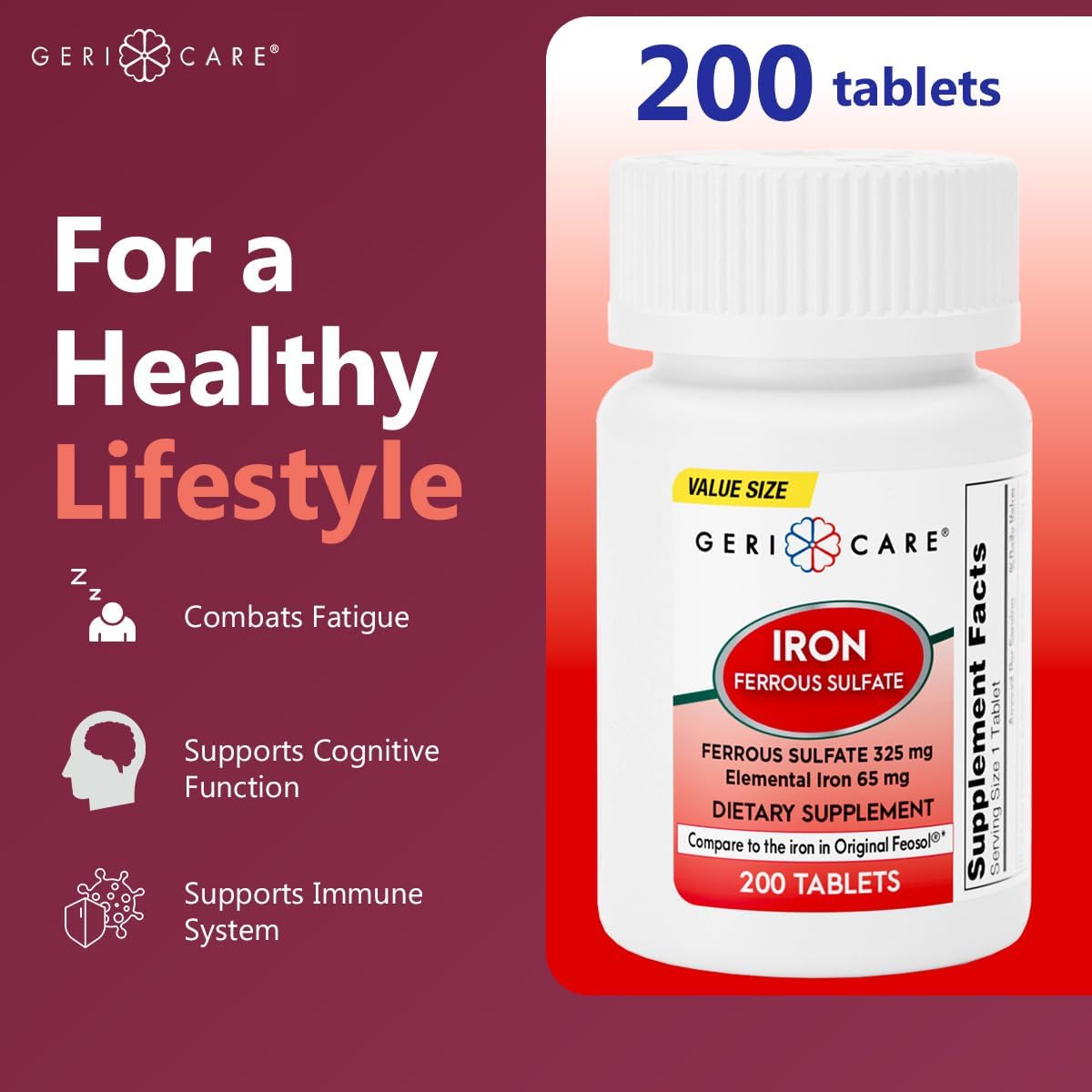 High Potency Ferrous Sulfate Tablets 325mg with 65mg Elemental Iron | Iron Supplement 200 Count Bottle