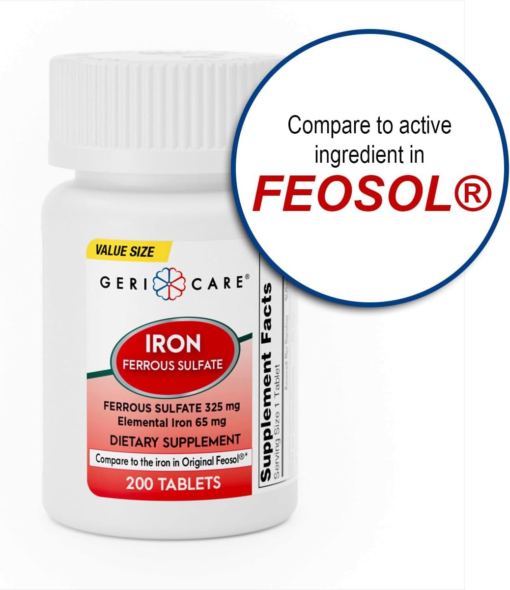 High Potency Ferrous Sulfate Tablets 325mg with 65mg Elemental Iron | Iron Supplement 200 Count Bottle
