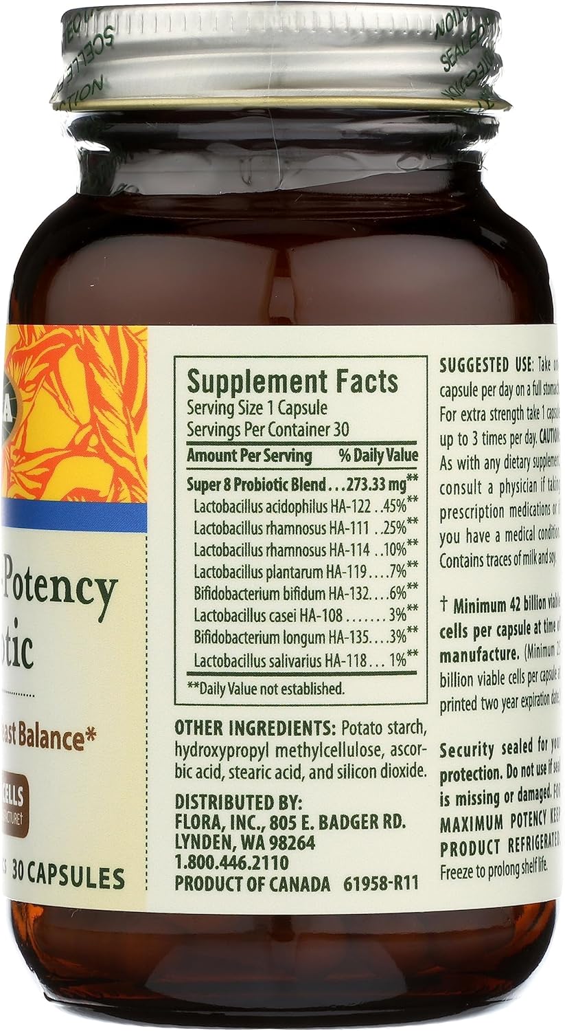 High Potency Flora Super 8 Probiotics - 30 Count for Digestive Health - 42 Billion CFU, Raw, Gluten Free - Men & Women - 1 Month Supply