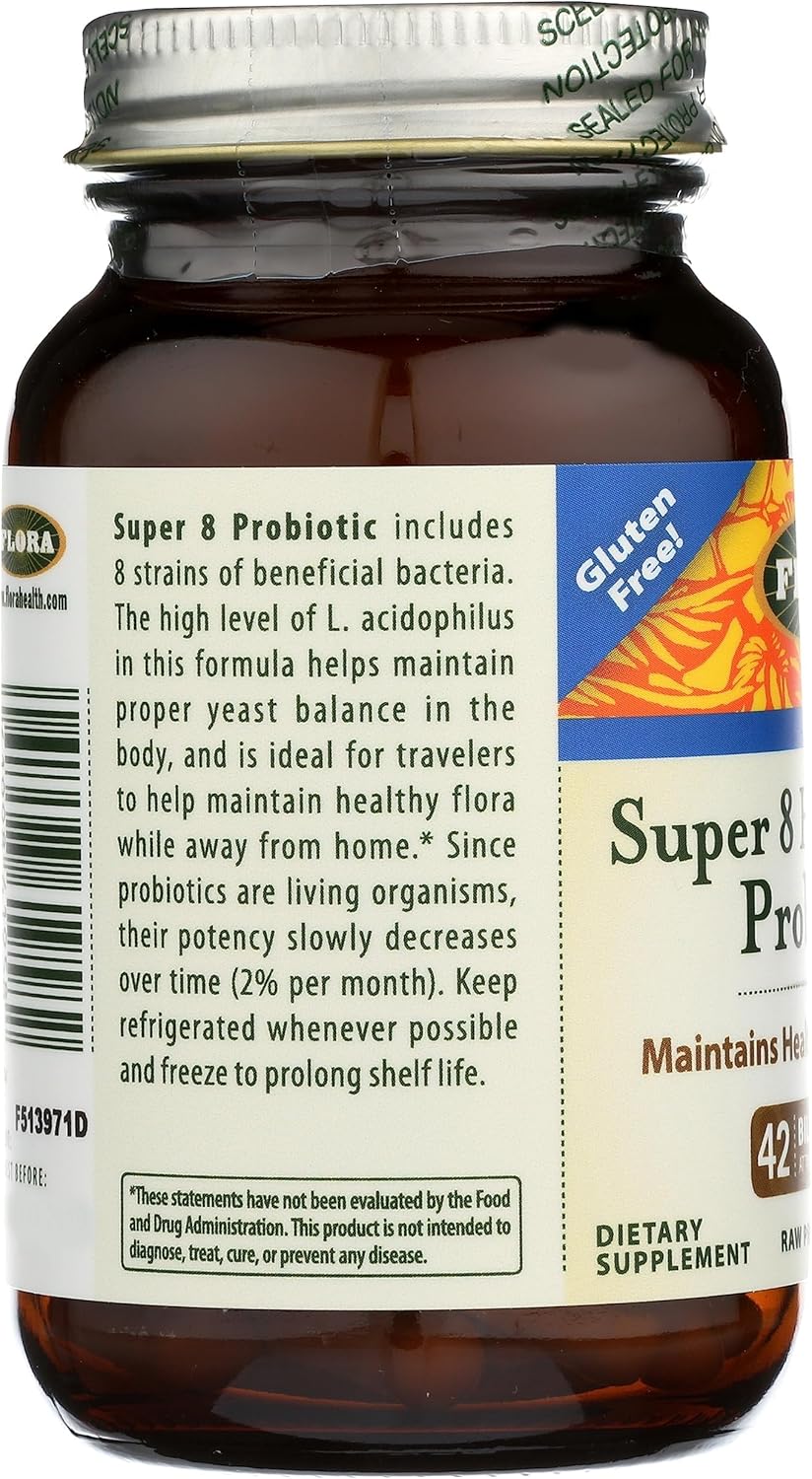 High Potency Flora Super 8 Probiotics - 30 Count for Digestive Health - 42 Billion CFU, Raw, Gluten Free - Men & Women - 1 Month Supply