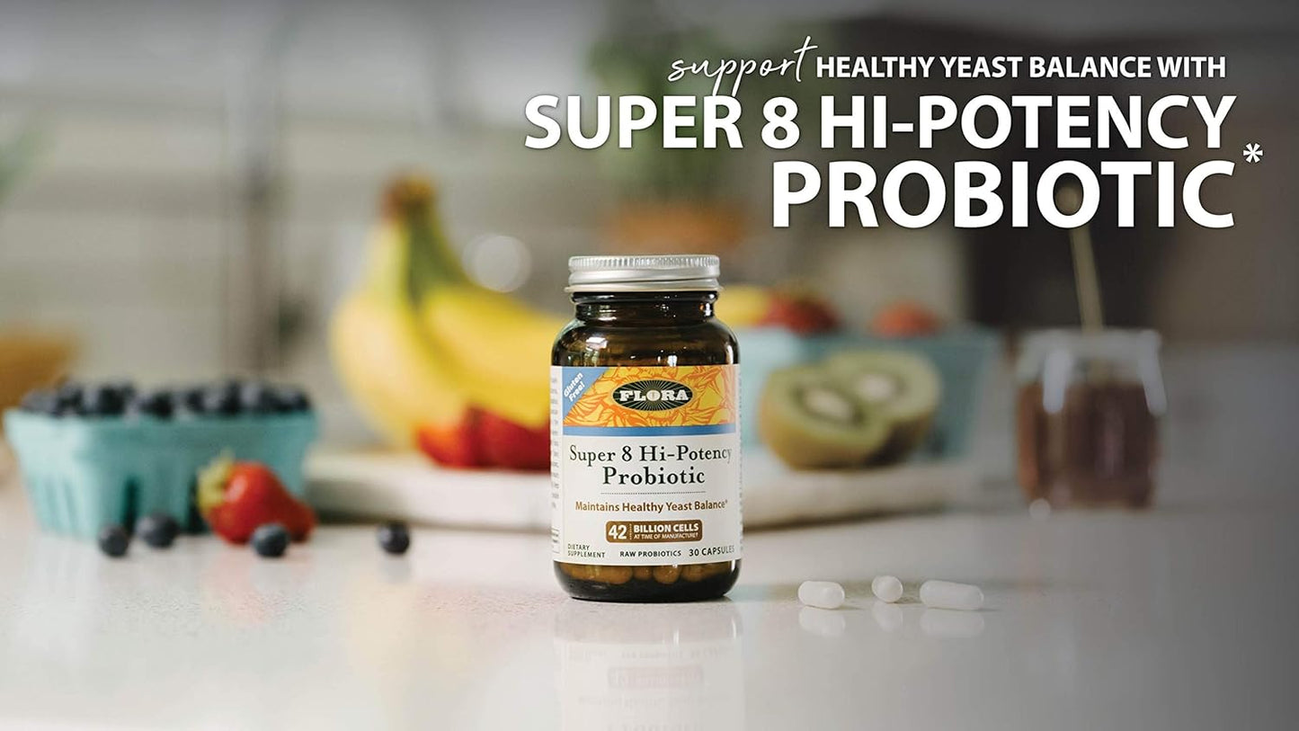 High Potency Flora Super 8 Probiotics - 30 Count for Digestive Health - 42 Billion CFU, Raw, Gluten Free - Men & Women - 1 Month Supply