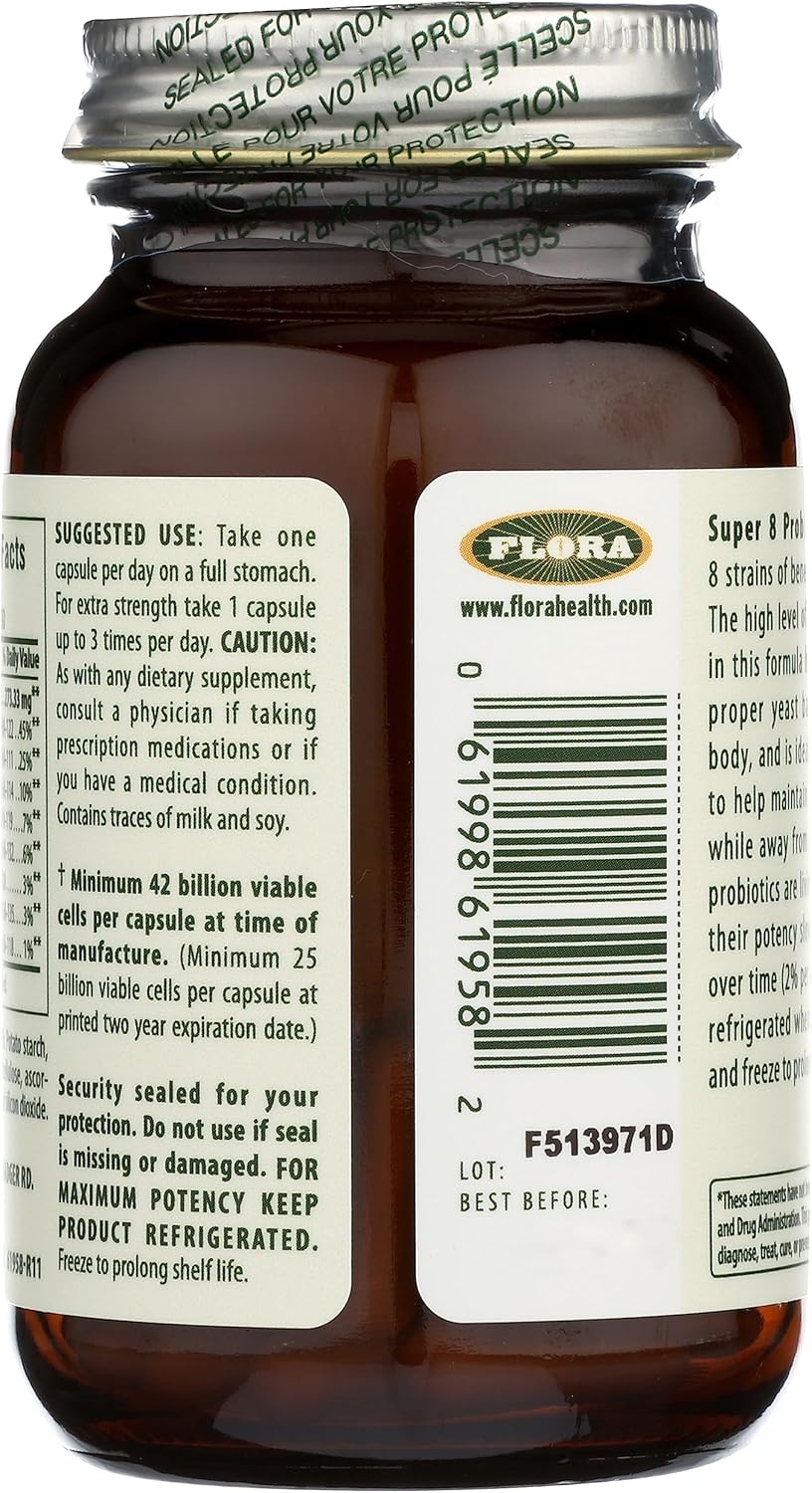High Potency Flora Super 8 Probiotics - 30 Count for Digestive Health - 42 Billion CFU, Raw, Gluten Free - Men & Women - 1 Month Supply