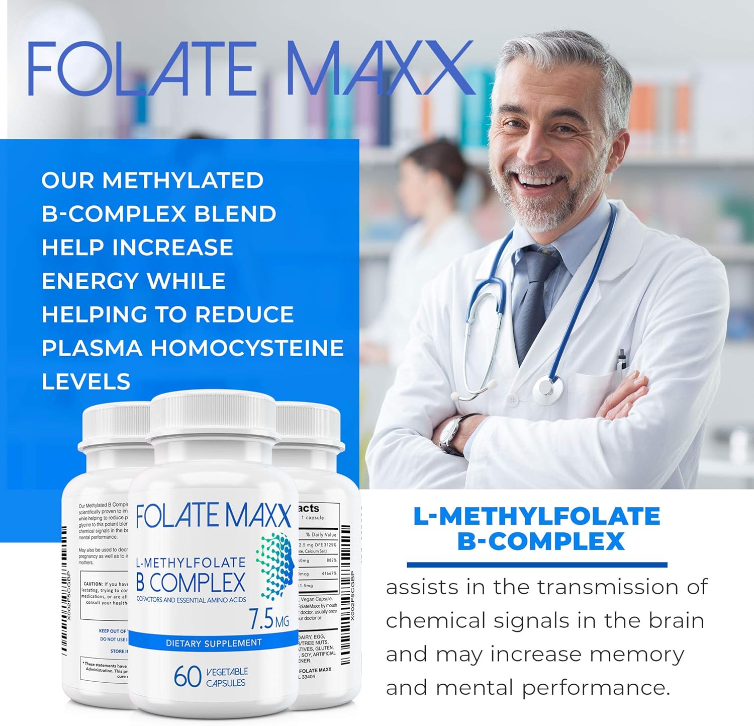 High Potency FolateMaxx L-Methylfolate + B12 Methylcobalamin & B6 Blend - 60 Capsules - Active B-Complex with Essential Amino Acids - Non GMO, Gluten Free
