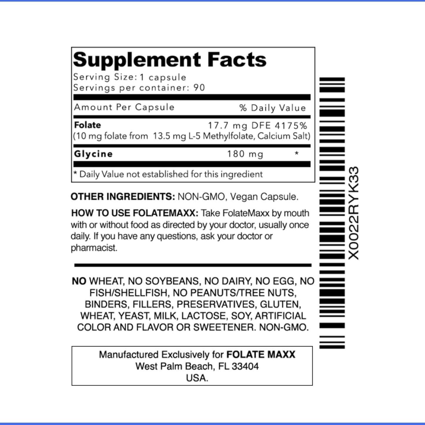 High Potency FolateMaxx L-Methylfolate Capsules 10mg - 90 Count | Non-GMO Active Folate Supplement with 5-MTHF