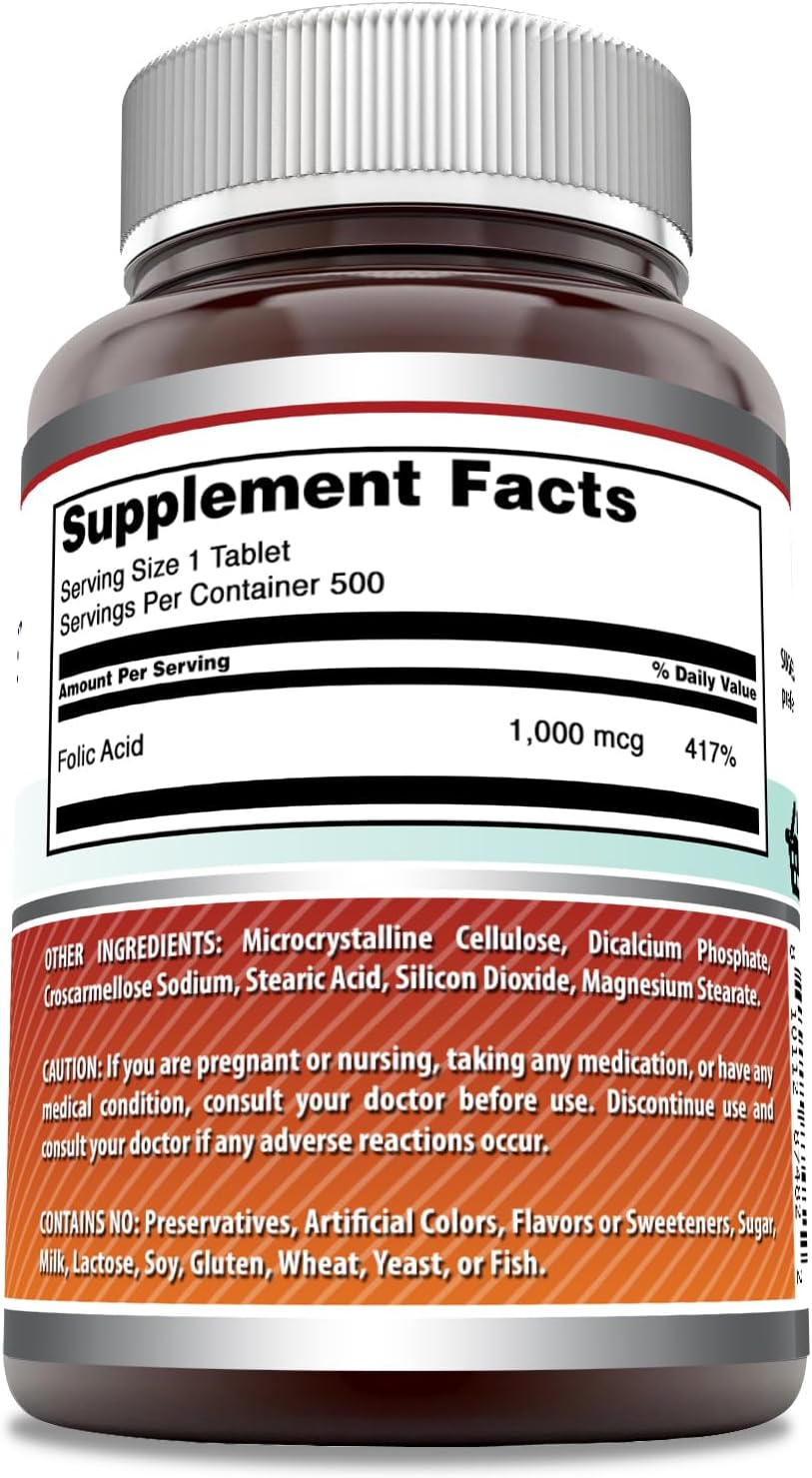 High Potency Folic Acid 1000mcg Tablets - Vitamin B9 Supplement (500 Count) | Non-GMO, Gluten Free - Made in USA by Amazing Nutrition