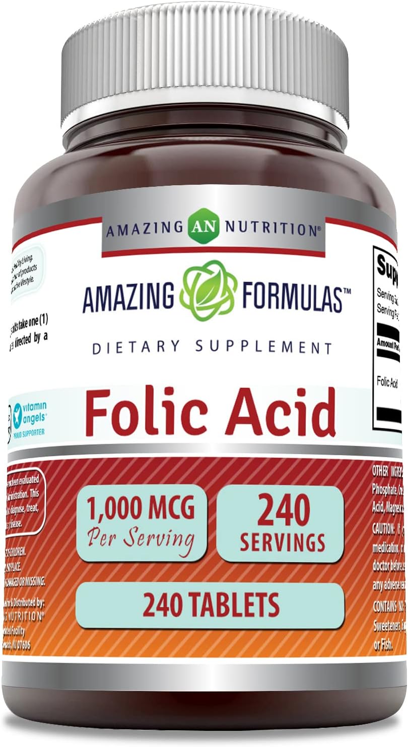 High Potency Folic Acid 1000mcg Tablets | Vitamin B9 Supplement | Non-GMO, Gluten Free | 240 Count | Made in USA by Amazing Nutrition
